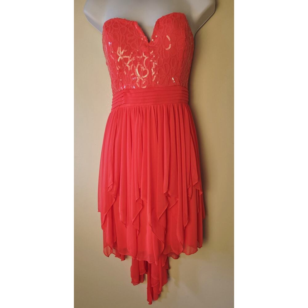My Michelle Strapless Dress Hi Low Hem Sequins Hot Orange Swifty Prom Junior 7